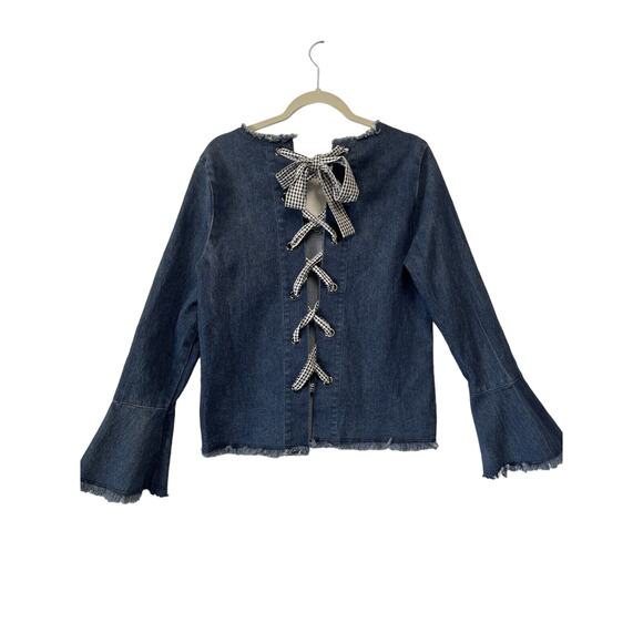 Womens Anthropologie Moelleux Raw Hem Denim Jean Back Gingham Lace Up Top - Sz M - Picture 1 of 10